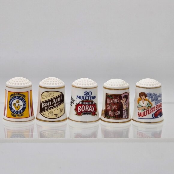 Country Store Advertising Thimbles Set of 25 and Info Cards W/ Wood Display Rack - Picture 6 of 16